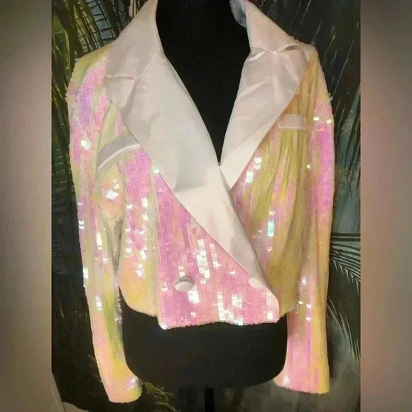 Womens Cropped Sequin White blazer - Picture 7 of 16